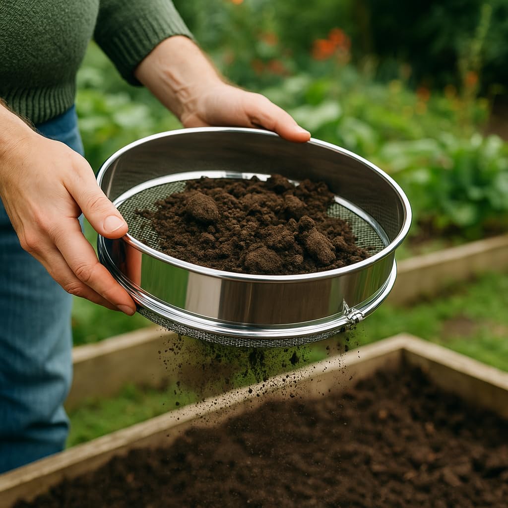 IRSTBL Setaccio da giardino in acciaio inox 304 resistente, con 4 reti intercambiabili (2 mm, 5 mm, 8 mm, 10 mm) per terreno, compost e bonsai, 30 cm