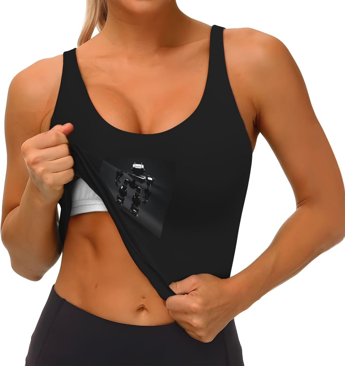 Black Robot Print Women's Sports Vest Breathable for Yoga Running Gym Athletic Casual Sleeveless Top