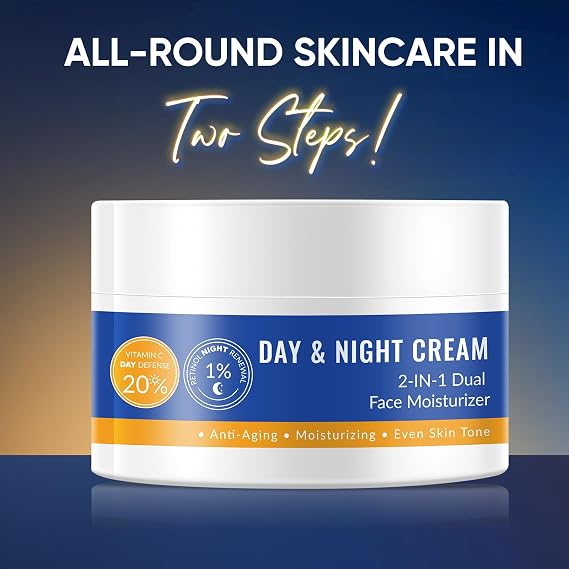20% Vitamin C Cream and 1% Retinol Cream for Face, 1.76OZ Day & 1.76OZ Night Facial Moisturizer Daily Face Moisturizer for Women Men, Hydrating for Anti-aging Wrinkle Even Skin Tone Tightening 3.53OZ