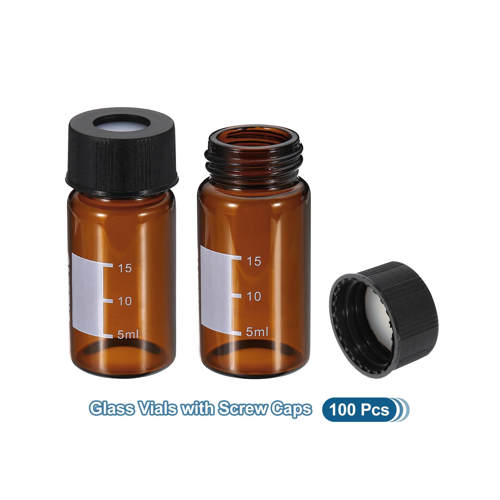 PATIKIL Vial de muestreo automático de 20 ml, paquete de 100 viales HPLC/GC 9-425 viales ámbar de laboratorio, viales de muestra, tapón de rosca, parche de escritura de PTFE blanco y septa de silicona
