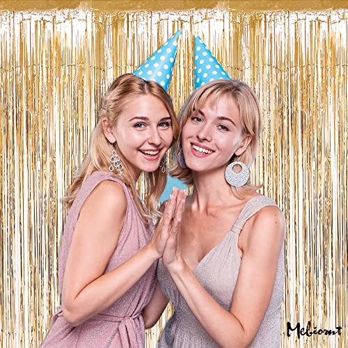 Image of 4 Pack Champagne Gold Fringe Curtain Backdrop, 3.2Ft x 9.8Ft Metallic Tinsel Foil Fringe Streamers Curtains Background for Photo Booth Birthday Baby Shower Party Wedding Graduation Decorations