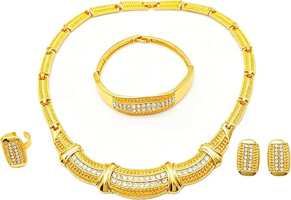 Gold Necelace Earrings Bracelet Ring,4pcs Jewelry Set Costume | affordable jewelry set ,african boho necklace,compliments, prom earrings, wedding jewelry set, evening jewelry