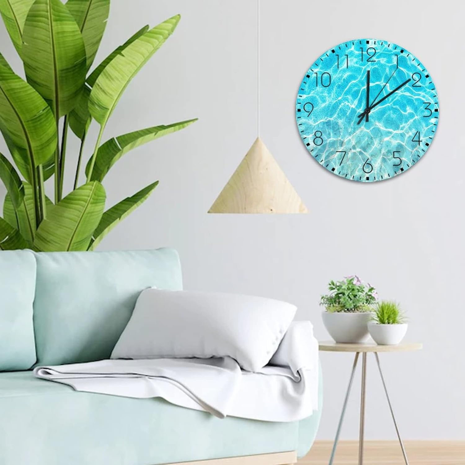 12" Silent Non-Ticking Wall Clocks Battery Operated Beach Scene Ocean Theme Sea Wooden Wall Decor for Kitchen Seascape Blue Oil Painting Decorative Round Wooden Wall Clock Rustic for Indoor Restroom