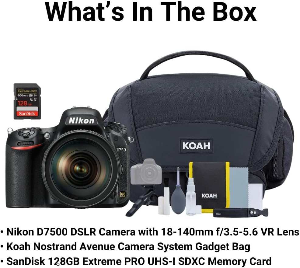 Nikon D7500 DSLR Camera with 18-140mm F3.5-5.6 VR Lens Bundle with 128GB Extreme Pro SD Card and Camera System Gadget Bag with Accessory and Cleaning Kit (3 Items)
