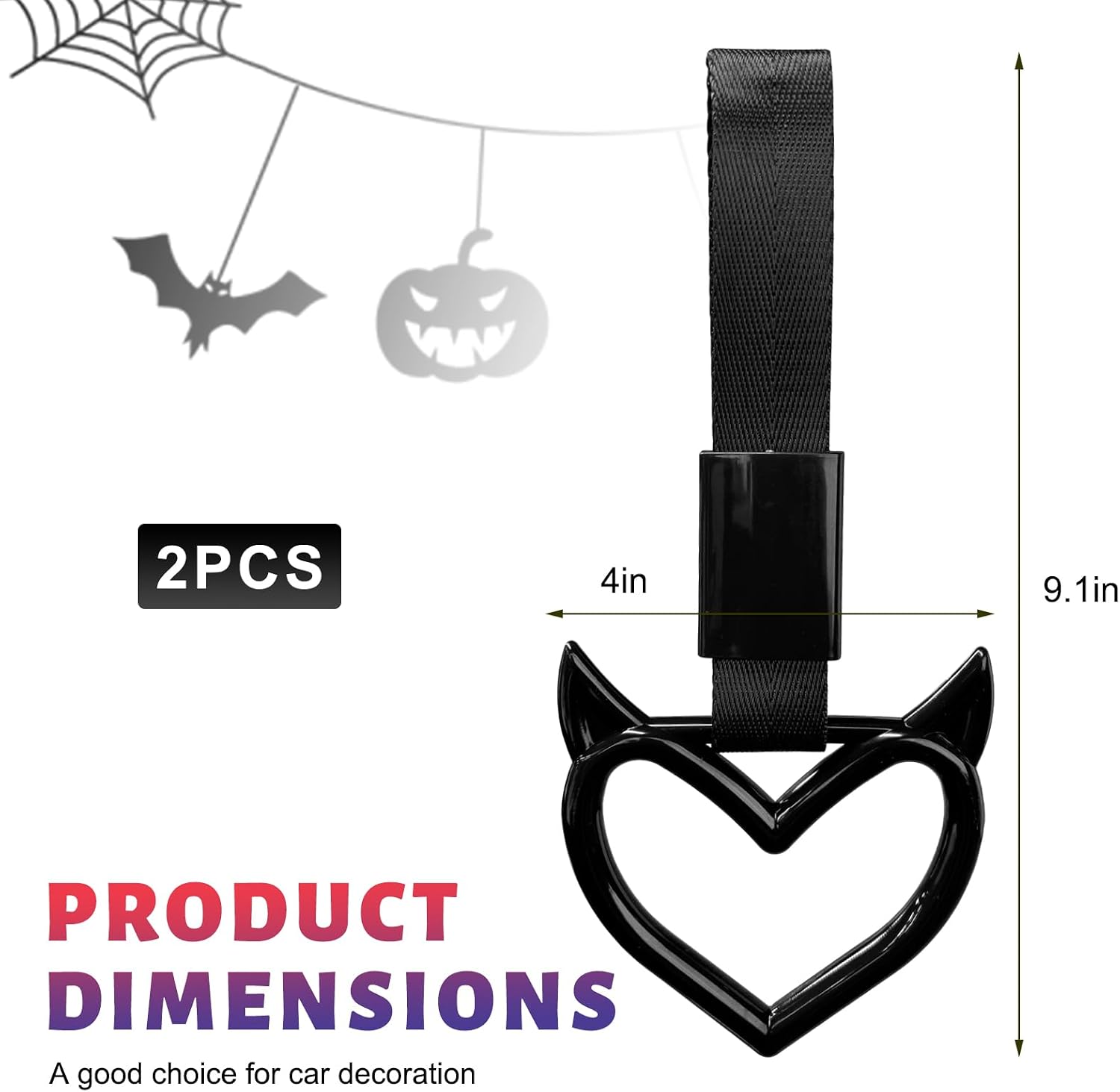 2 PCS Devil Heart Shaped Car Handle Strap, Stylish Auto Rear Bumper Warning Ring, Cute Heart Grab Handles Interior Exterior Decor for Most Vehicles, Car Accessories (Black)