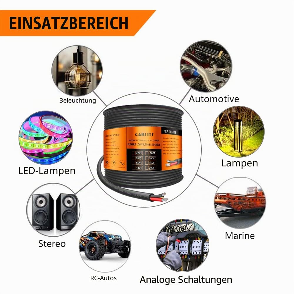 16 Gauge 3 Adriges Elektrokabel, 30.48M 3x1,3mm² Schwarzes, Verseiltes Niederspannungs 16/3 Kabel aus PVC, Flexibles Verlängerungskabel für LED Lampe