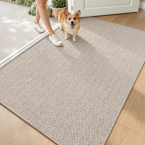 LUMI Ultra Thin Indoor Door Mat for Entrance 48"x72", Non Slip Entryway Mat, Low Profile Doormat, Unique Herringbone Design Carpet for Inside, Patio, Porch, Beige