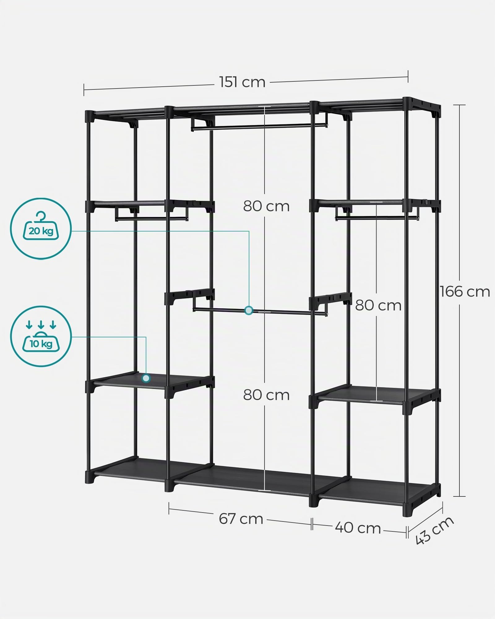 SONGMICS Armario de Ropa, Perchero, Burro Ropa, 43 x 151 x 166 cm, 4 Secciones para Colgar, con Compartimentos, Gran Capacidad, para Dormitorio, Salón, Lavandería, Negro RYG036B02
