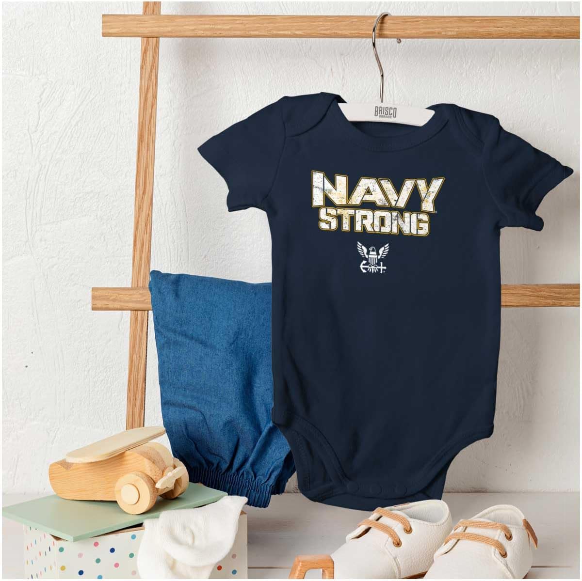 Brisco Brands Navy Strong United States Military Baby Romper Boys or Girls