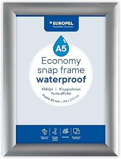 Europel Economy Schnapprahmen, A5, wasserfest, Farbe Silber, Aluminiumprofil 25 x 11 mm, für Poster 14,8 x 21 cm, Antireflex Folie, Anzeige von Werbung, Speisekarten, Hotel, Büro, Restaurant