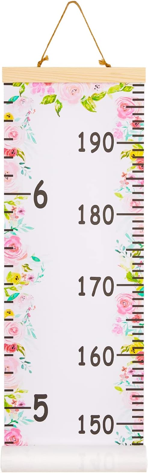 Beinou Baby Growth Chart Ruler for Kids Wood Frame Height Measure Chart 7.9'' x 79'' Canvas Pink Flower Hanging Height Growth Chart for Baby Nursery Decoration, Baby Shower Gift