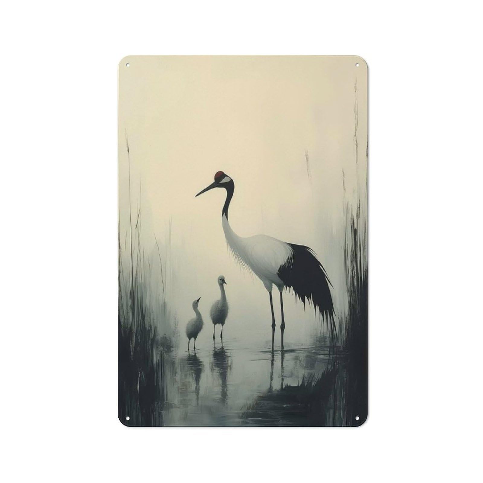 Junmoney Style-5 For Hobby Room Or Studio, Crane Family In Misty Waters Retro Metal Sign 30X20cm, A Decorative Gift For A Newly Furnished Hobby Room And Studio