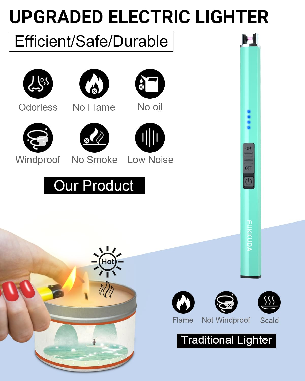 FUKKUDA Electric Candle Lighter with Safety Switch - USB Rechargeable Windproof & Flameless Plasma Arc Lighter for Easter Basket Stuffers (Rose Gold), view 10