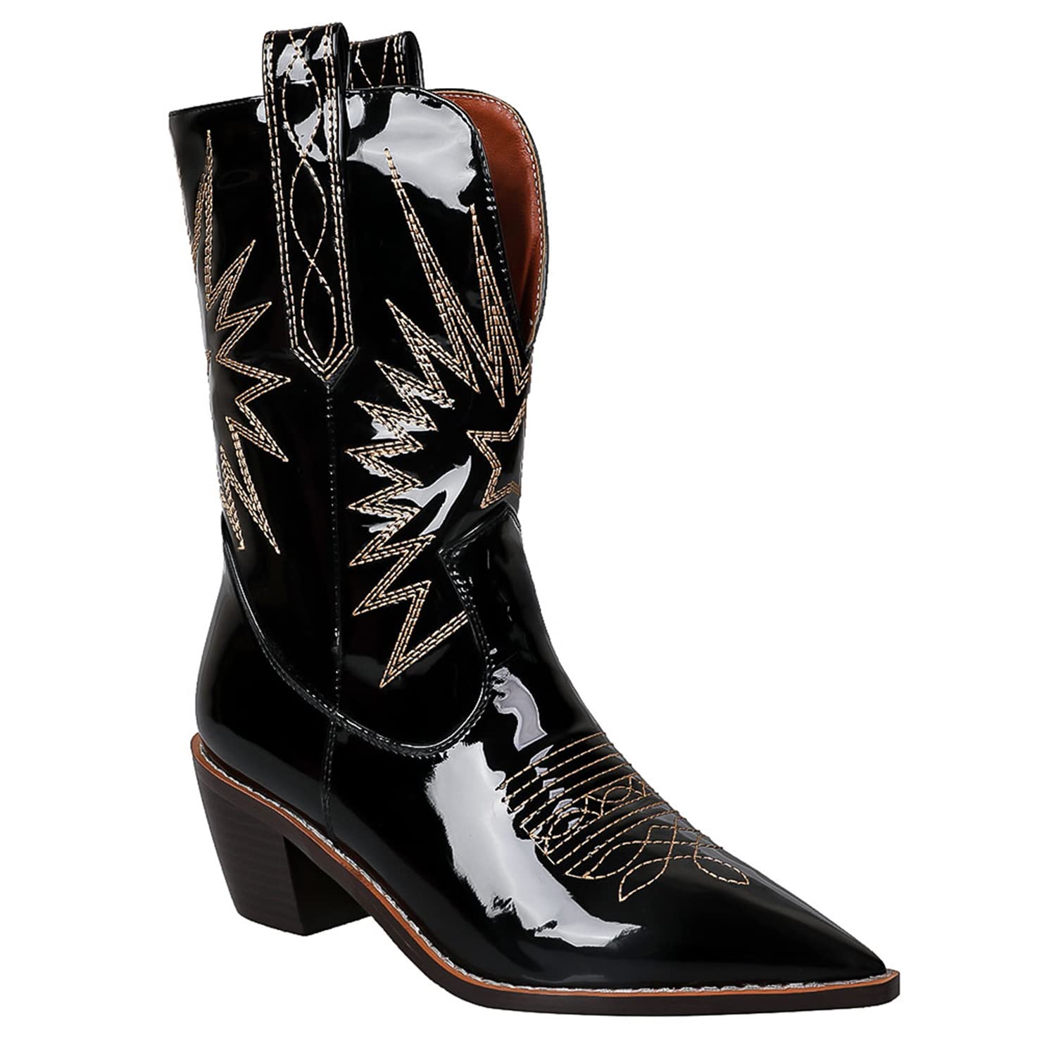 MOOMMOWomen Embroidered Cowboy Boots Chunky Stacked Heel Mid Calf Western Boots Pointed Toe Patent Leather Cowgirl Booties Wide Calf 3 Inch Mid Block Heel Short Boots Pull-Up Dress Vintage Winter 4-11 M US