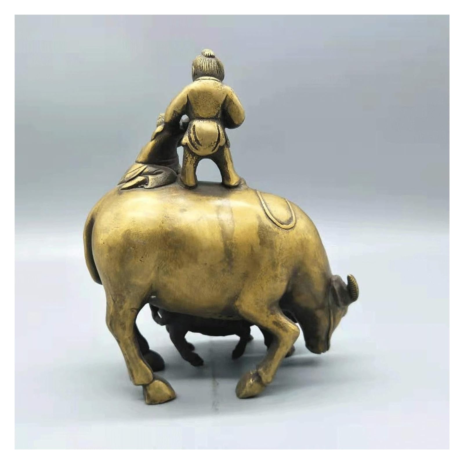 ブロンズ像牛に乗った少年インテリア彫刻銅像