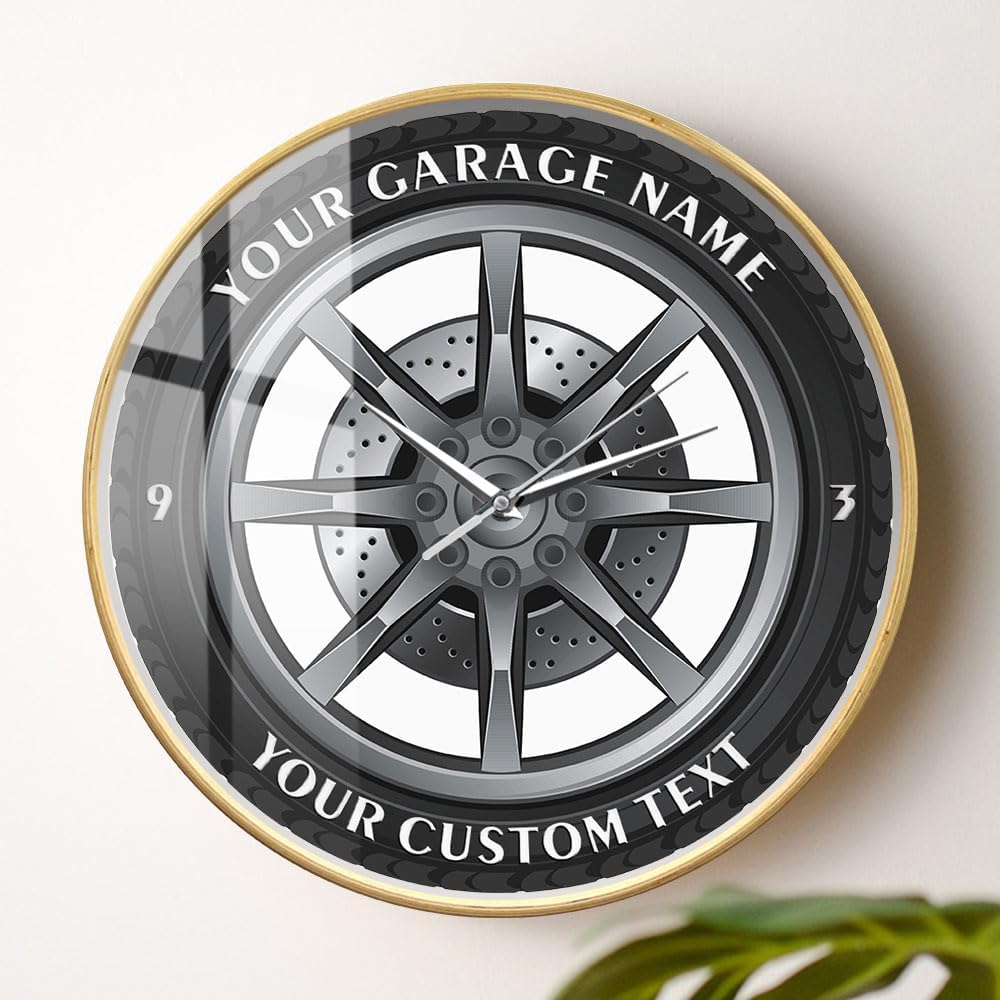 12'' Custom Your Garage Name Car Service Repair Garage Wall Clock, Tire Wheel Auto Silent Non Ticking Battery Wood Clock Vintage Mechanic Wall Clock for Car Workshop Office Man Cave