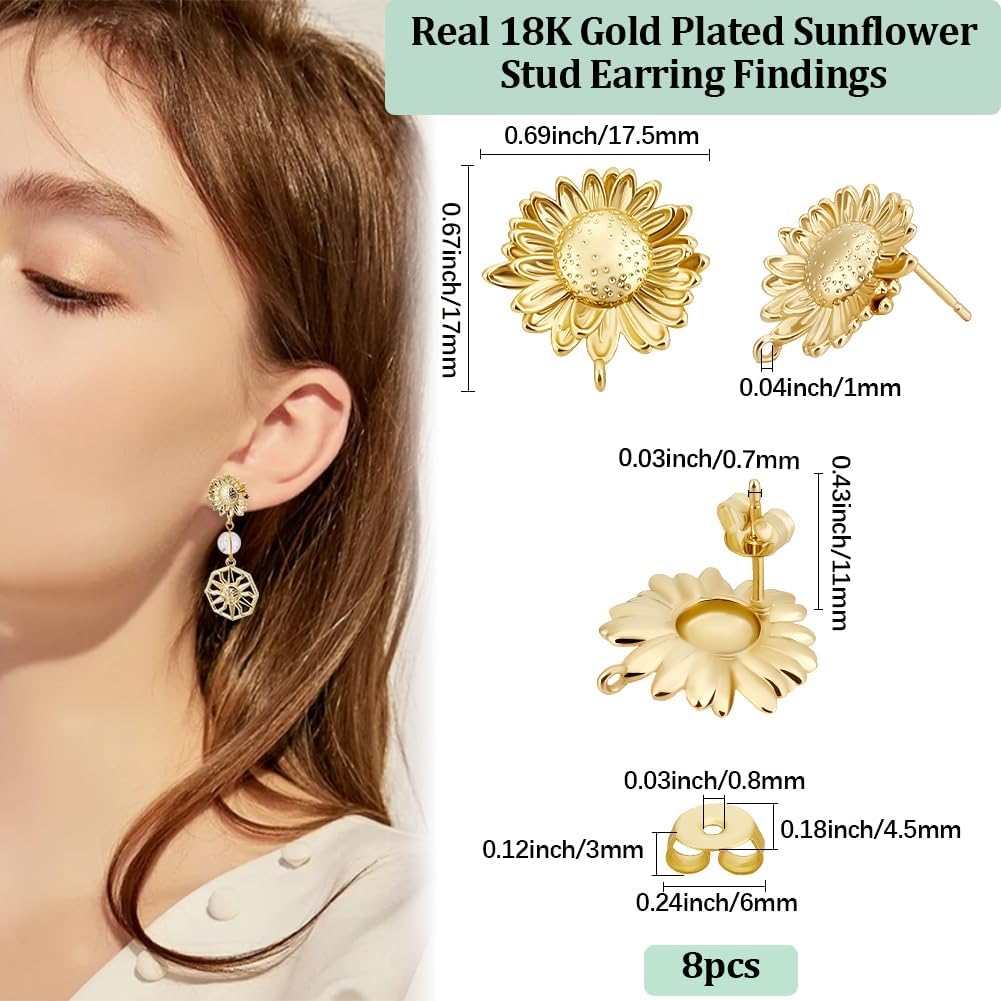 Beebeecraft 1 Box 4Pairs Stud Earring Finding 18K Gold Plated Brass Sunflower Earring Post with Loop for Summer Them DIY Jewelry Making