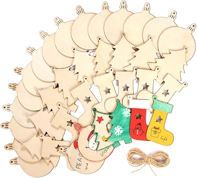 Wooden Christmas Ornaments DIY Round Unfinished Wood Pieces Slices Scrafts for Kids Tree Decoration Christmas Craft Supplies 40Pcs 3" Predrilled with Hole Blanks Discs Bulk