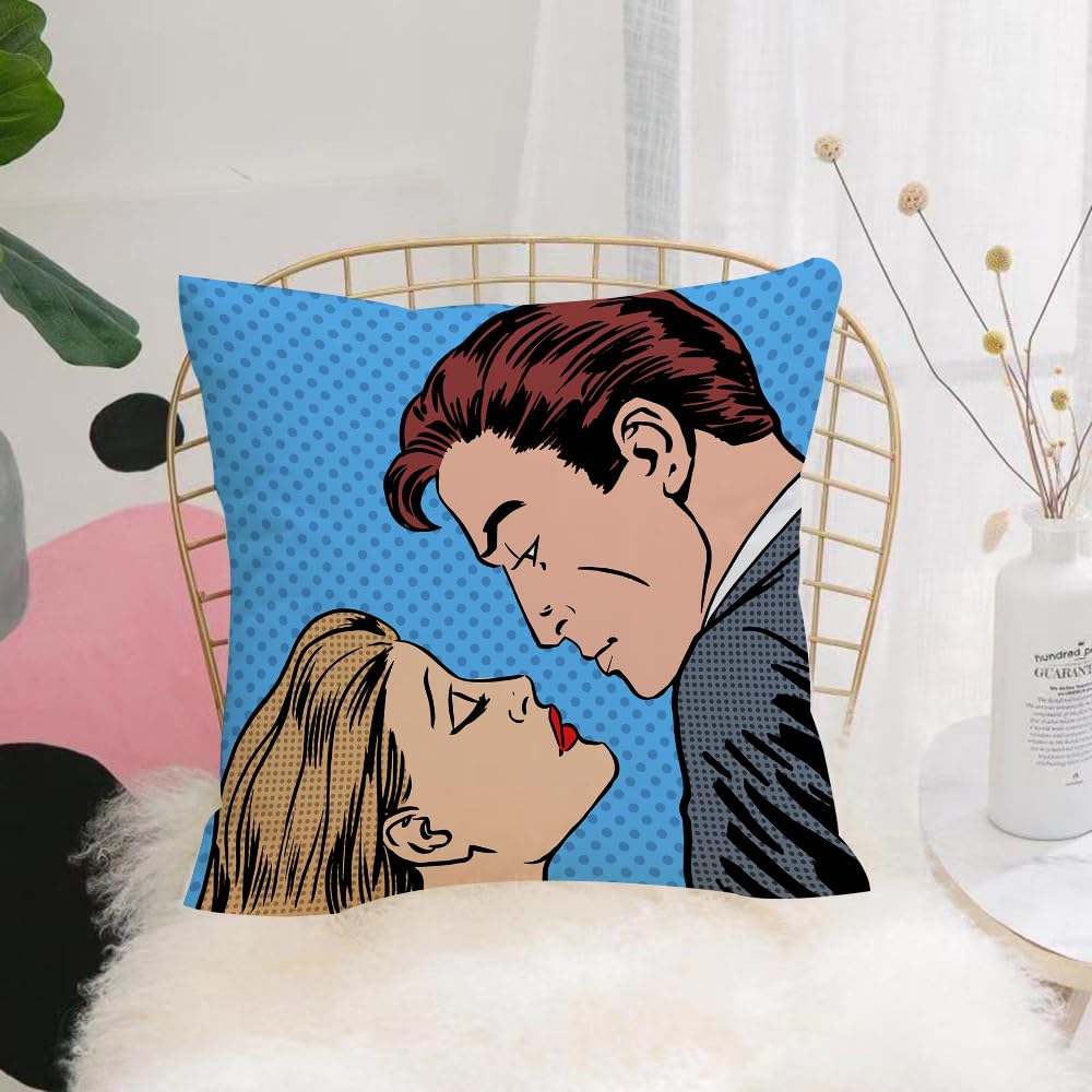 HYOSXW Cushion Cover,Throw Pillow Case Home Decorative for Living Room Bedroom Sofa Chair 16X16 Inch,Kiss, man and woman kissing pop art comics retro style halftone grunge decorati,Pillowcase 40X40cm