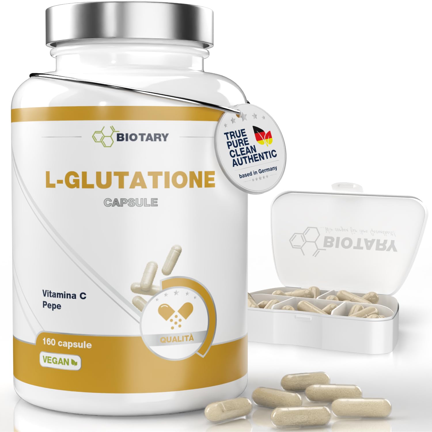 L-Glutatione 160 capsule 500 mg altamente dosato e ridotto al 98% + vitamina C con pillola inclusa, riserva da 5 a 6 mesi, L-glutatione bioattivo vegano senza additivi, testato in laboratorio