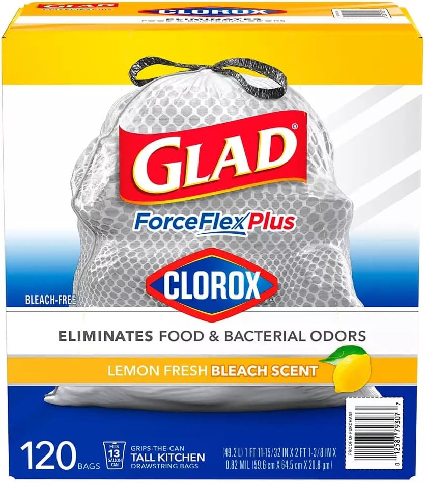 Glad ForceFlex Plus Tall Kitchen Trash Bags With Clorox, Lemon Fresh Bleach Scent (13 gal., 120 ct.)