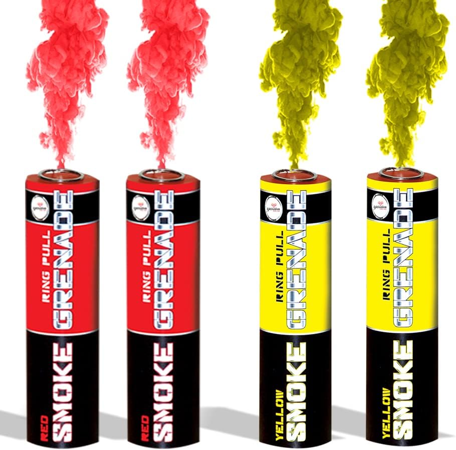 Pack of 4 Ring Pull Smoke Grenades with Ideal for Paintball Weddings Photoshoots & Special Effects, 2 Mixed Colour Pack (2 Red & 2 Yellow)