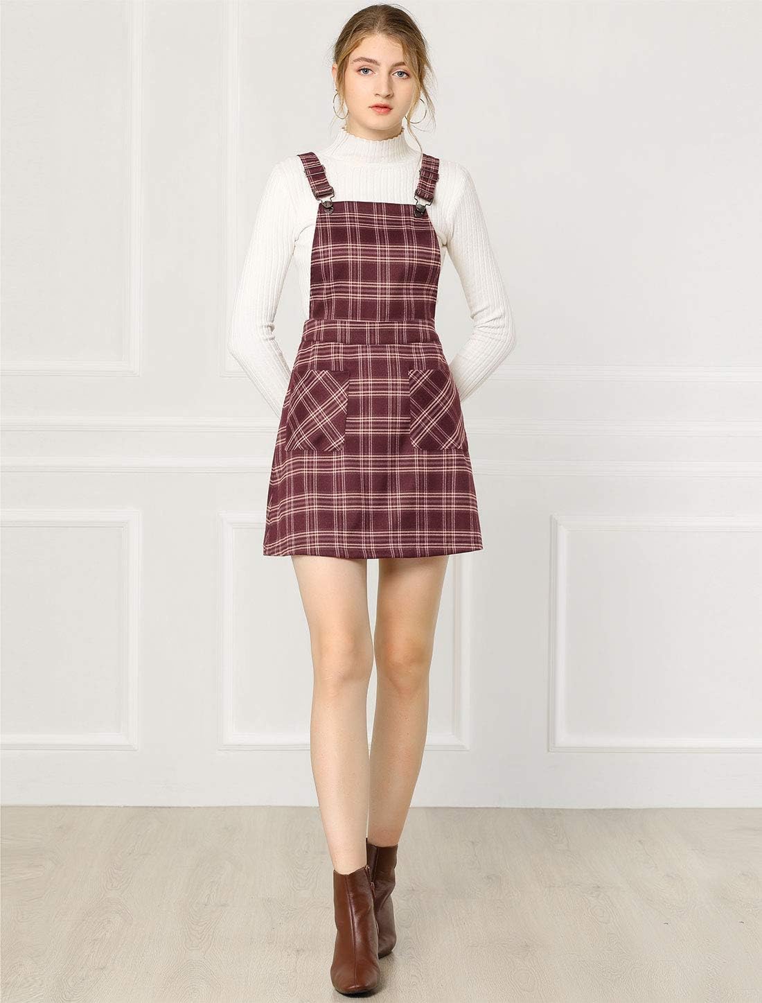 Allegra K Women's Plaid Overall Dress Vintage Checkered Suspender Skirt Short Pinafore Dress - Image 3