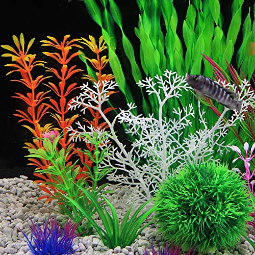 Qumy Aquarium Plants Plastic Artificial Fish Tank Plants Decoration Set For All Fish 14 Pcs #TOP7