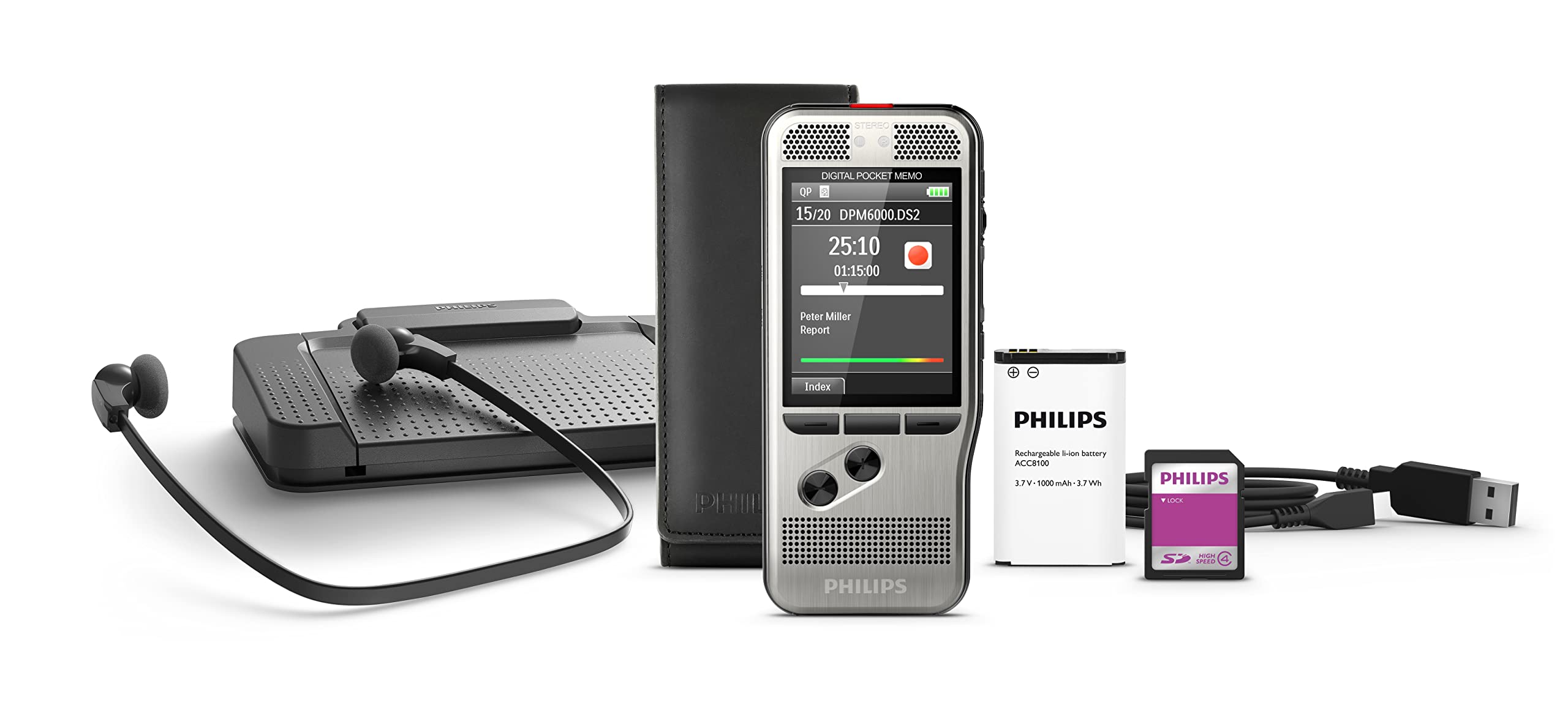 Philips PocketMemo Set für Autor und Assistenz DPM6700/03: Diktiergerät DPM6000, Fußschalter ACC2330, Stereo-Unterkinn-Kopfhörer LFH0334 und Diktier- & Wiedergabe SW SpeechExec Basic (2-Jahres ABO)