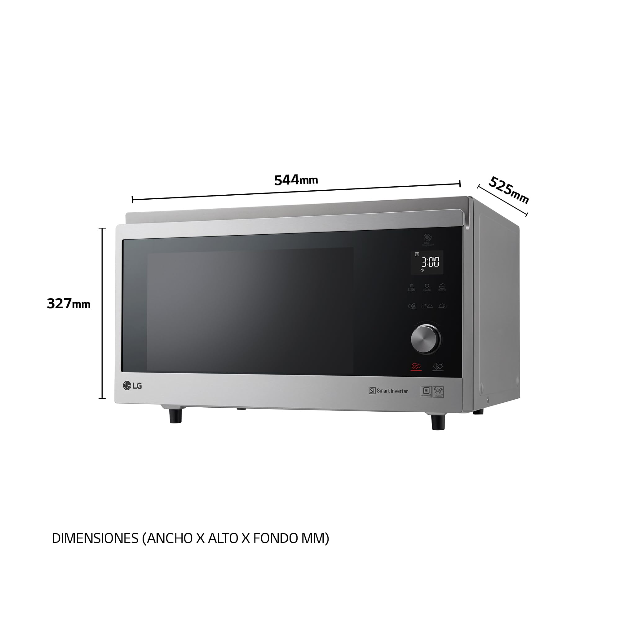 LG MJ3965ACS Forno Microonde Smart Inverter Combinato e Ventilato con Cottura a Vapore, 39 Litri, 1100 W, Programmi Automatici, 5 Livelli di Potenza, Piatto Microonde Crispy Incluso - Inox