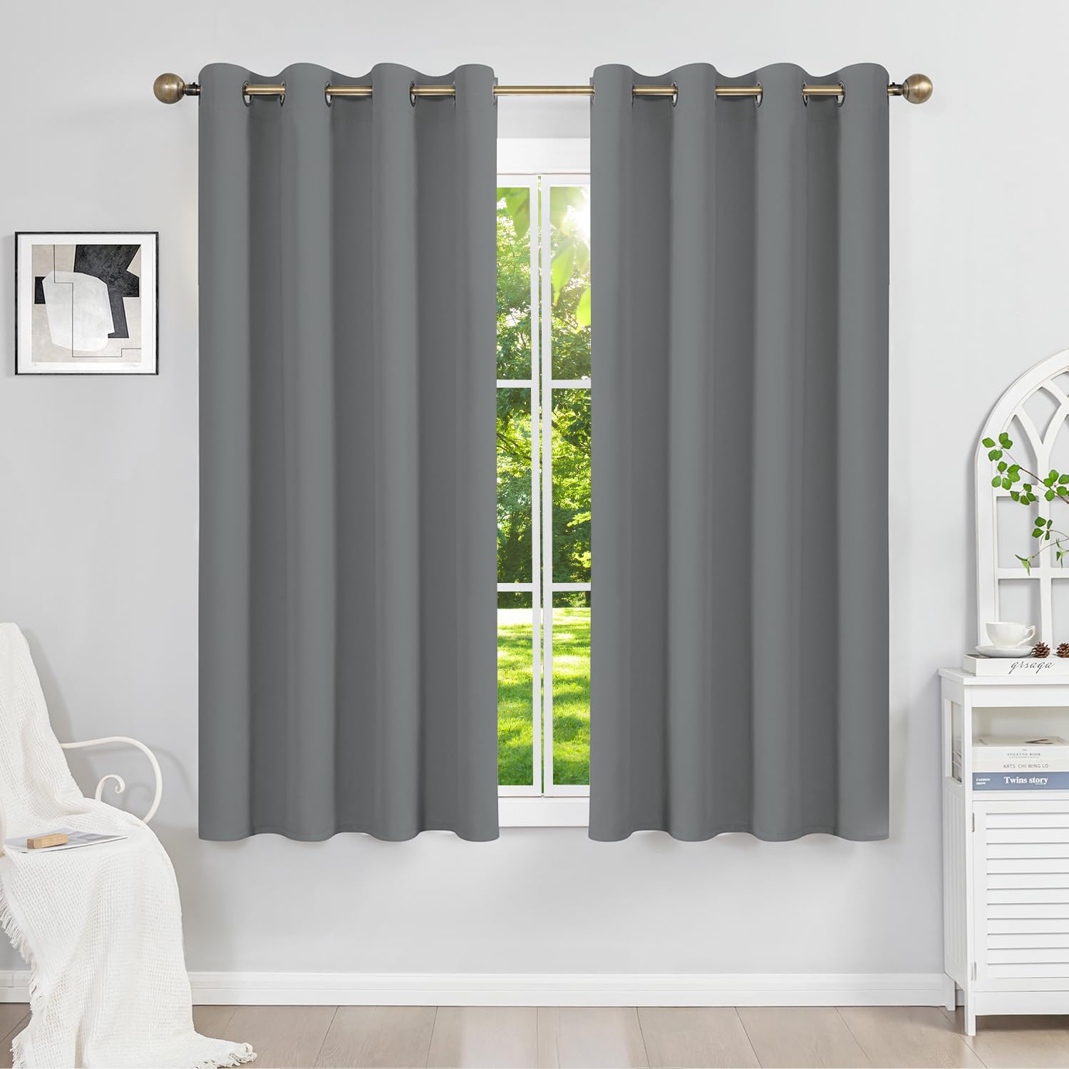 Runyéla Blackout Curtains for Bedroom Eyelet 52 x 54 Inch Drop Grey Thermal Black Out Curtain for Living Room, 2 Panels, Light Grey