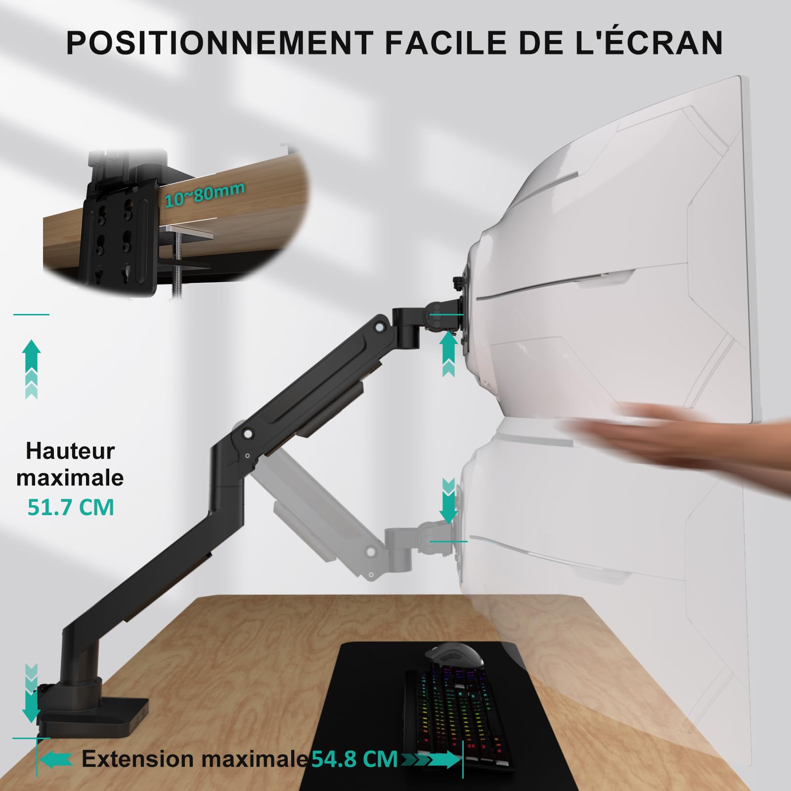 WALI Bras pour écran Ultra Large jusqu'à 49" et 20 kg, Support de Moniteur Robuste, entièrement réglable, VESA 75 et 100 mm (GSM001XL), Noir