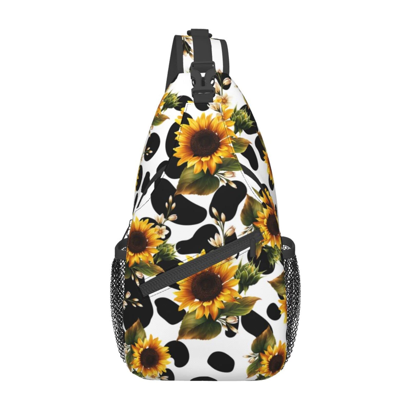QISENTIS Sunflower Cow Print Sling Bag Crossbody Backpack Sunflower Pattern Yellow Flowers Isolated on Cute Cow Fur Texture Travel Hiking Daypack