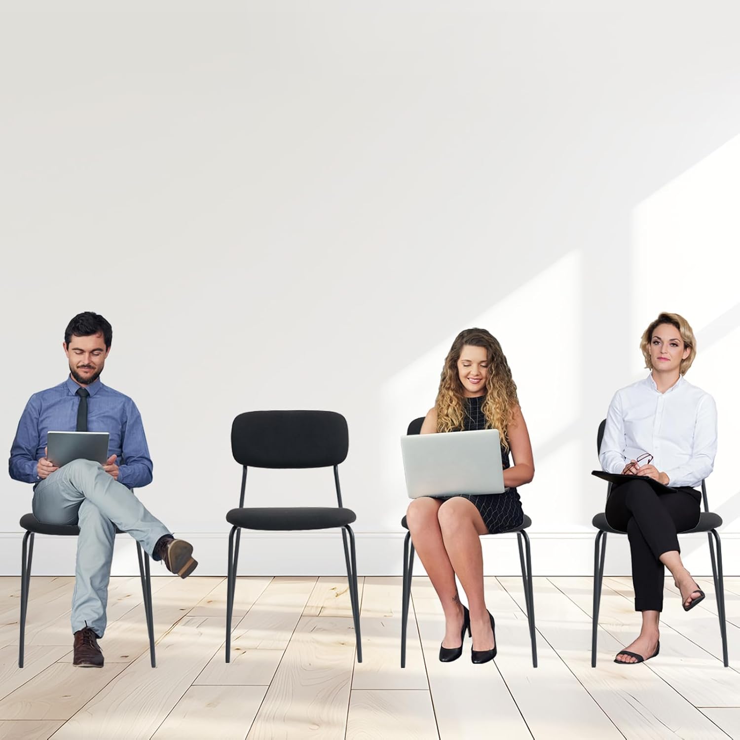 Sidanli Stackable Waiting Room Chairs, Armless Upholstered Guest Chairs Set of 4 with Comfotable Cushion for Conference Reception Break Room Lobby, Black