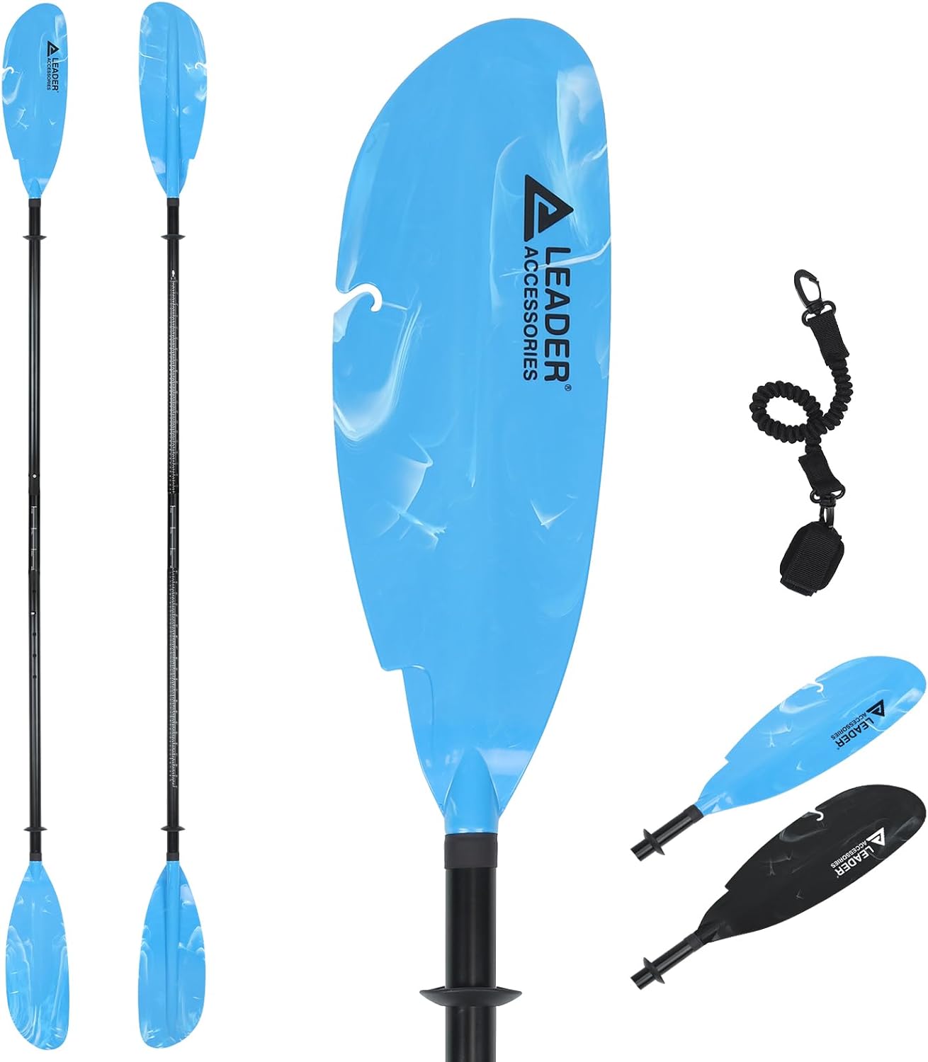 Leader Accessories Adjustable Kayak Paddle Boat Oar: Kayak Canoe Paddles 90-98 inch/230-250cm - Aluminum Floating Kayaking Fishing Oars with Paddle Leash for Adults Youth