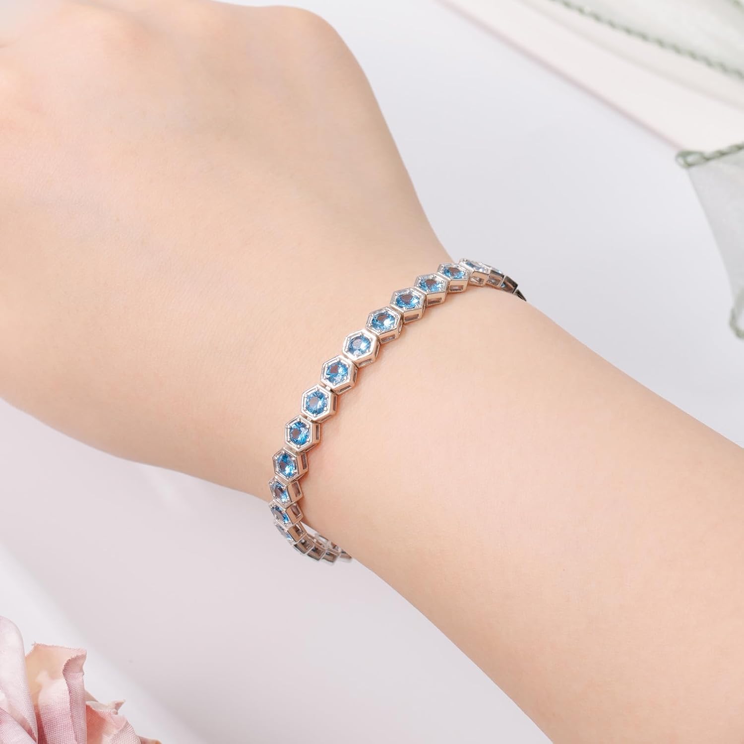 Birthstone Tennis Bracelets for Women Birthday Gifts 925 Sterling Silver Hexagon White Gold Bracelets Round Cut 5A Cubic Zirconia Prong Setting 7 Inch Anniversary Jewelry Gift - Image 4