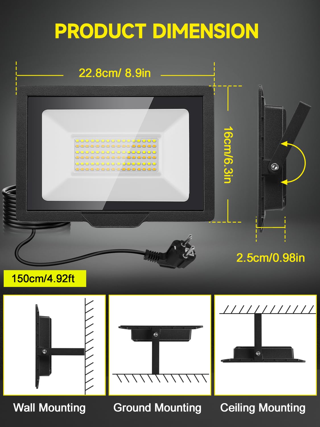 Litglobe 100W Projecteur LED Extérieur avec 1.5m Prise,3000K/4500K/6500K Spot LED Extérieur