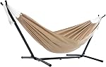 Vivere Double Cotton Hammock with Space Saving Steel Stand, Upgraded Polyester End Strings 450 lb Capacity - Premium Carry Bag Included - USA Grown Cotton (Byron Bay)
