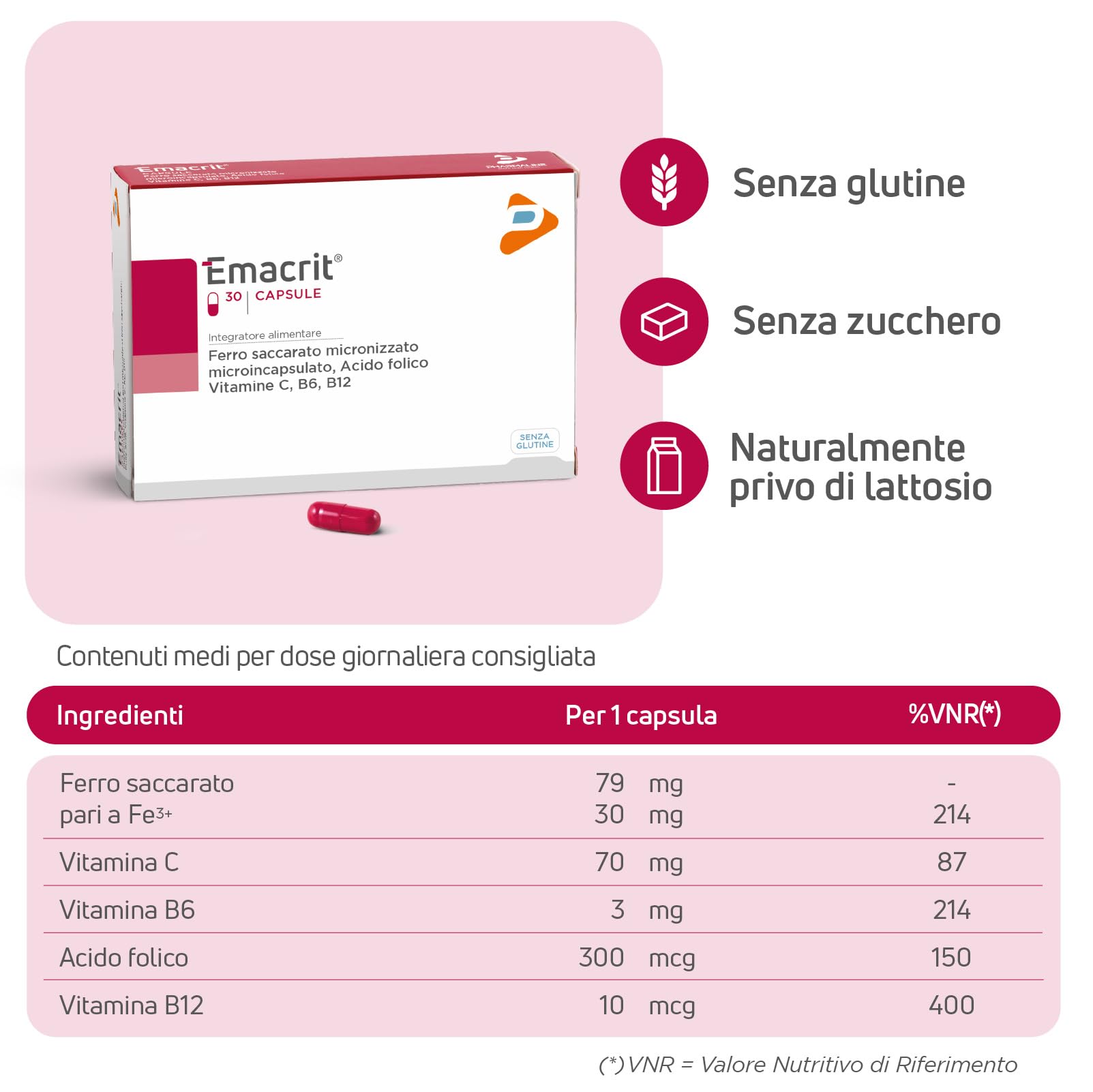 Pharma Line EMACRIT Capsule – Integratore Alimentare di Ferro con Acido Folico, Vitamine C, B6 e B12 ad Alta Assimilabilità, 30 Capsule