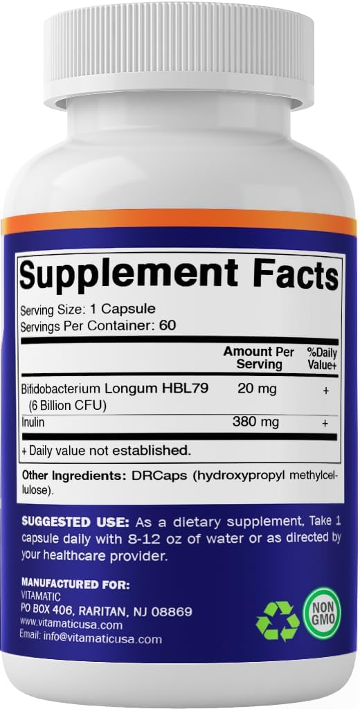Vitamatic Bifidobacterium Longum 6 Billion CFU per DR Capsule - 60 Count - Promotes Intestinal Health - Made with Prebiotic Inulin Fiber- 2 Pack - Image 8