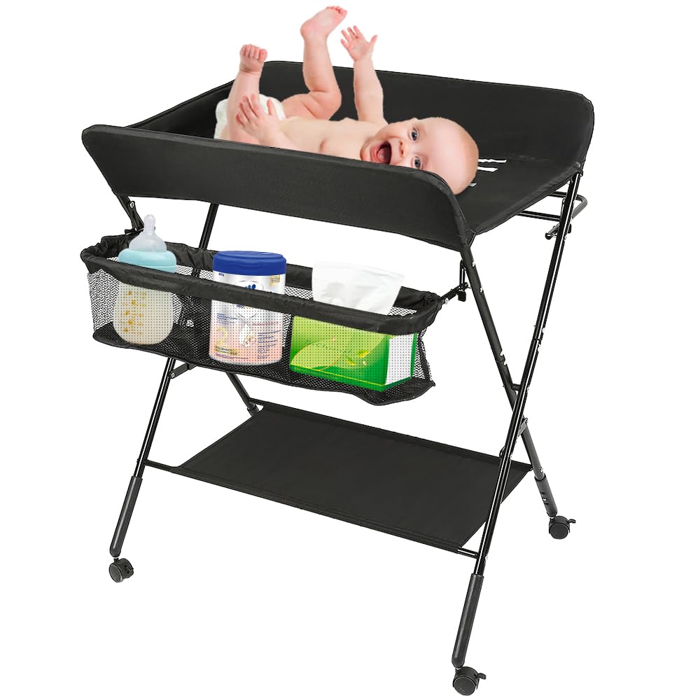 Fasciatoio Pieghevole per Neonato con Struttura Stabile,Fasciatoio per Bambini, Salva Spazio, per Cambio Pannolino,4 ruote con freno,Fasciatoio Portatile con Scomparti Portaoggetti