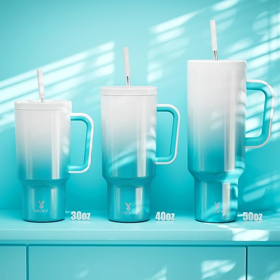 Meoky 30 oz Tumbler with Handle, Tumbler with Lid and Straw, Insulated Stainless Steel Travel Mug, 100% Leak-proof, Cupholder Friendly, Keeps Cold for 24 Hours or Hot for 8 Hours (Azure)