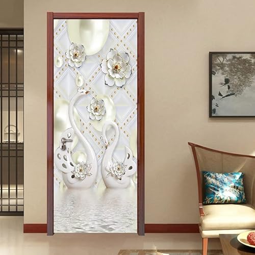 3D Door Stickers Relieve del cisne Autoadhesivo Puerta Murales Pegatinas PVC Decoraciones del, Mural de Oficina Autoadhesivo para Puertas Interiores 77x200cm