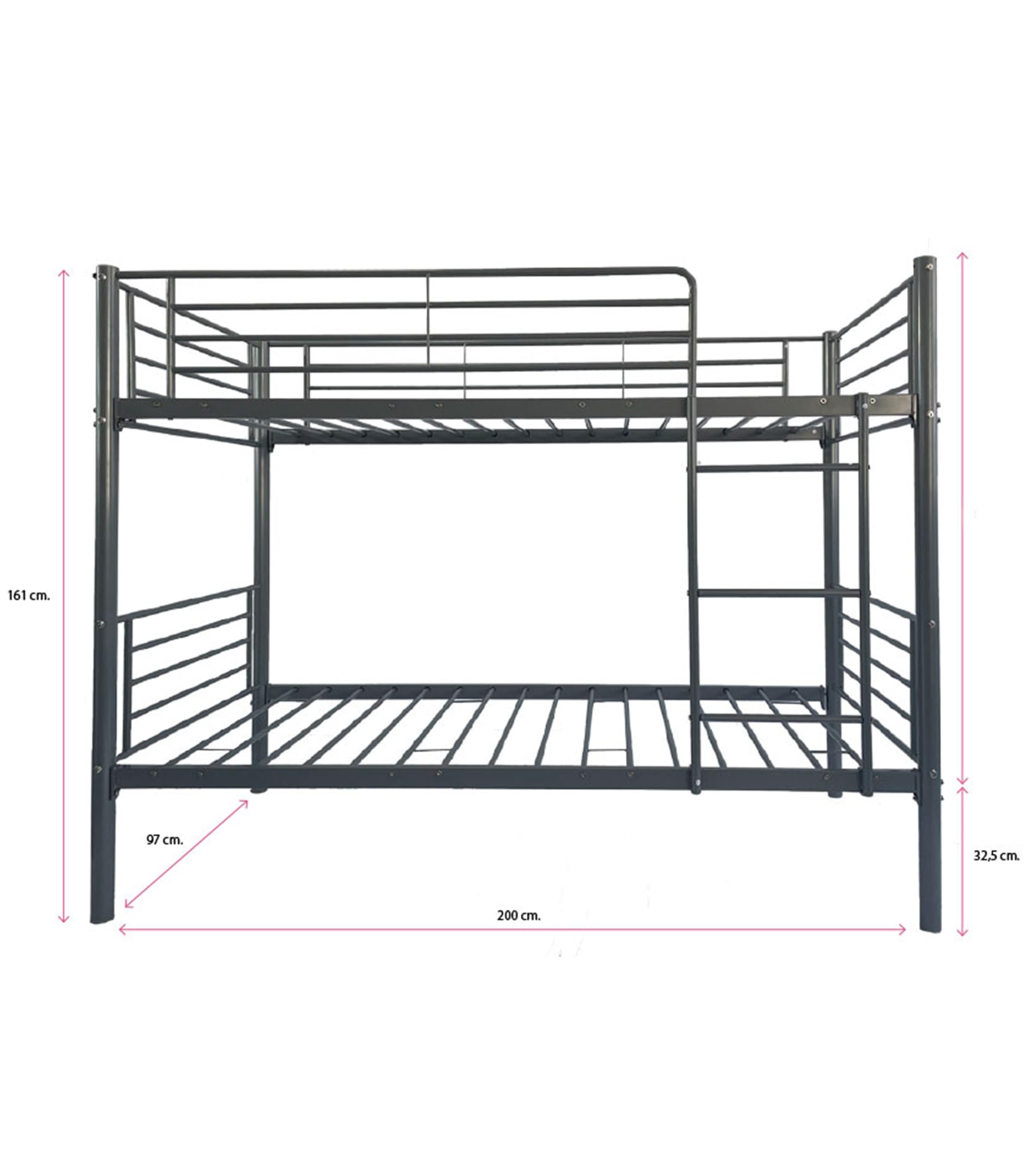 Home Heavenly Litera Metálica Finy Estructura para Dos Camas de 90x190 cm con Baranda de Seguridad y Escalera Frontal Gris