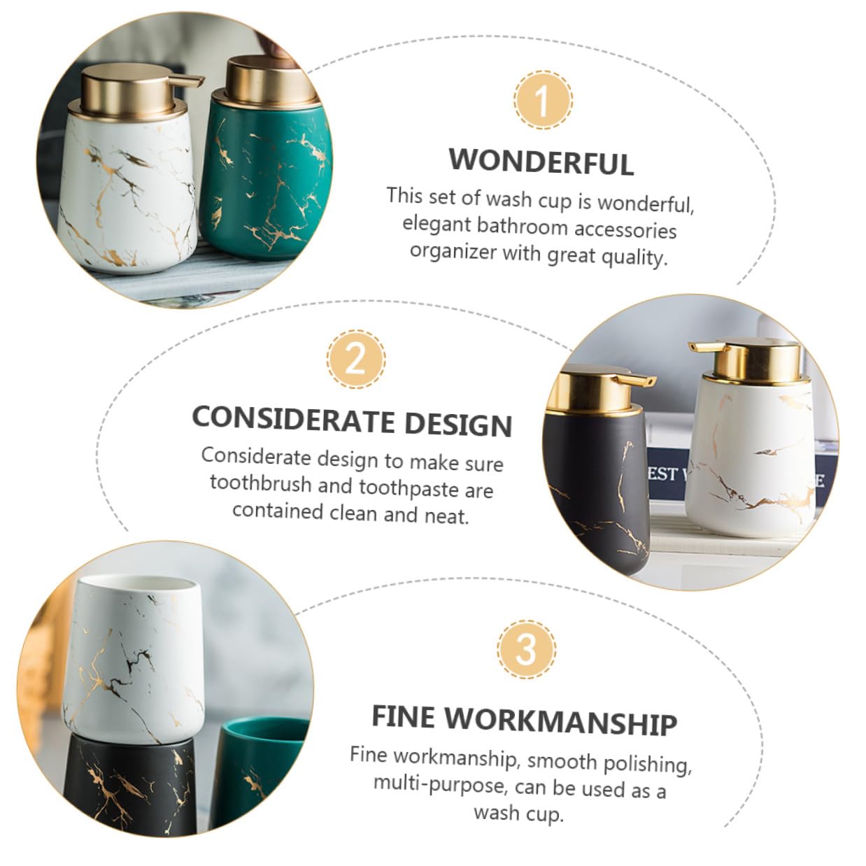DOITOOL Juego de Recipientes de Cerámica para Baño 4 Piezas Mate Diseño Mármol Incluye Porta Cepillos de Dientes Vaso para Enjuague Bucal Jabonera y Frasco para Loción Adecuado