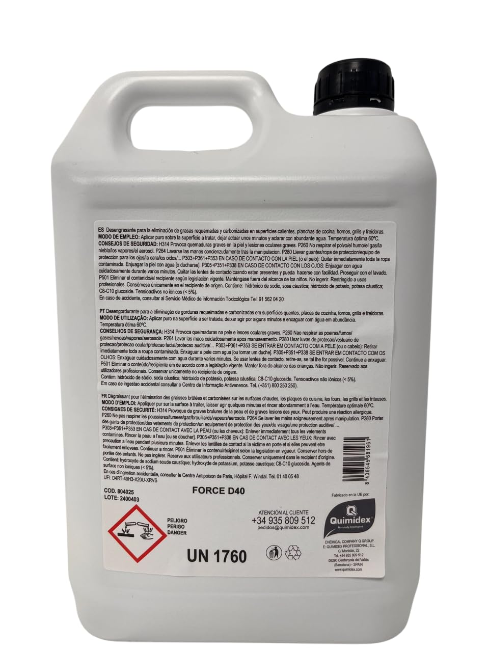 FORCE D40 - Desengrasante Profesional para Planchas y Hornos, Limpieza en Caliente de Grasa Requemada y Carbonizada, Uso en Cocinas Industriales, 5L