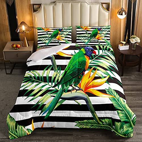 Parrot Bedding Set Palm Tree Leaf Comforter Set Queen,Hawaiian Tropical Botanical Bedding Comforter for Kids Boys Girls Teens Adults,Black Striped Quilt Duvet Set 2 Pillow Cases Home Bedroom Decor