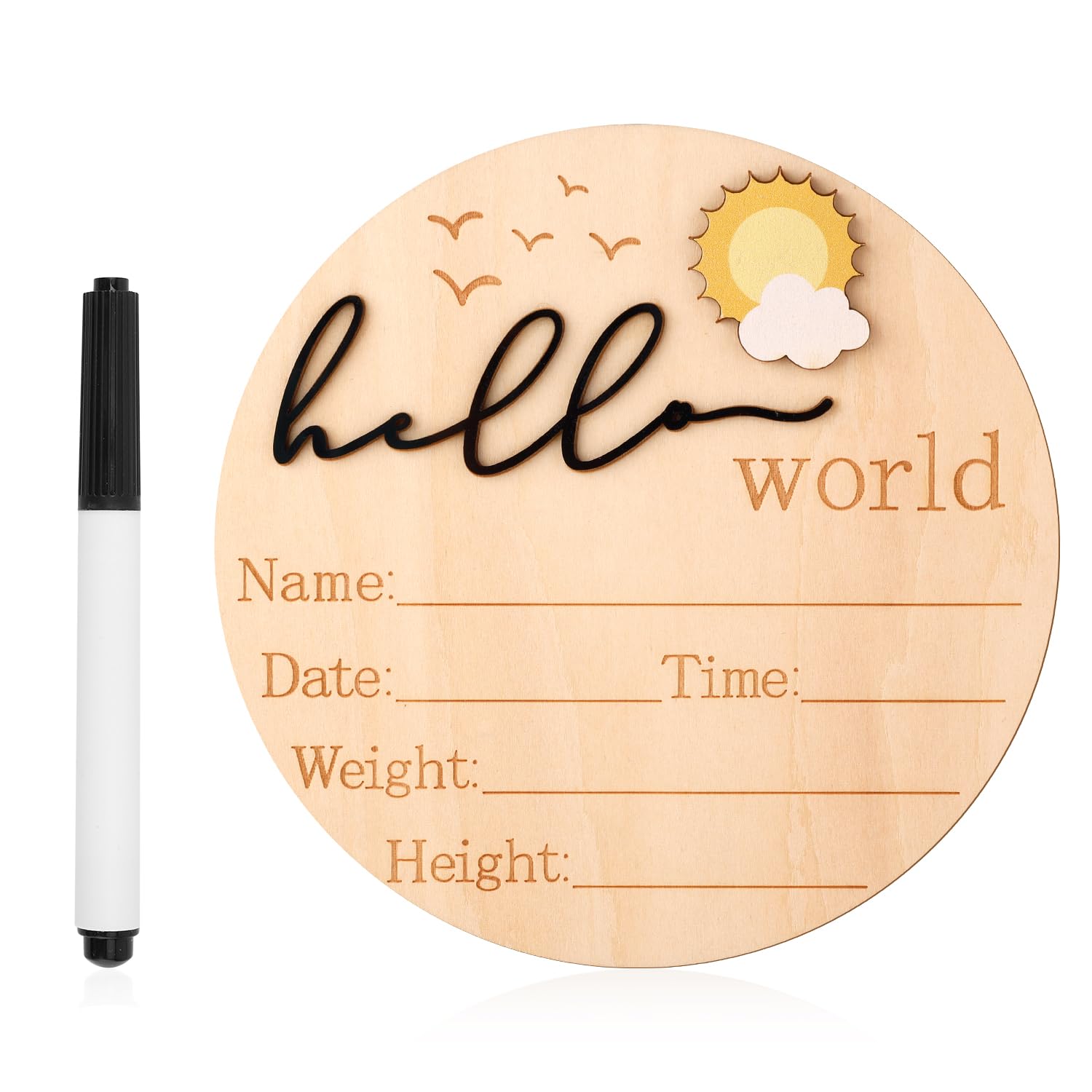 Baby Announcement Sign, 5.83 Inch Wooden Hello World Newborn Sign Cute Welcome Birth Name Plaques Board for New Baby Shower Arrive Hospital Nursery Photo Prop Accessories (Black)