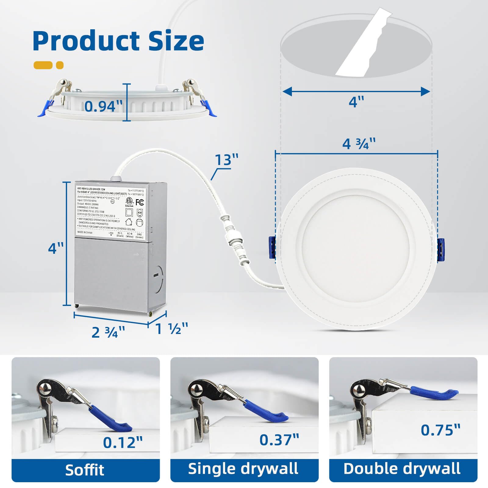 Zestaw 4 lamp sufitowych LED do zabudowy 12 W 1200 lm 4 cale ze skrzynką przyłączeniową Eqv 150 W, 2700 K/3000 K/3500K/4000K/5000K do wyboru, regulowane podtynki, z