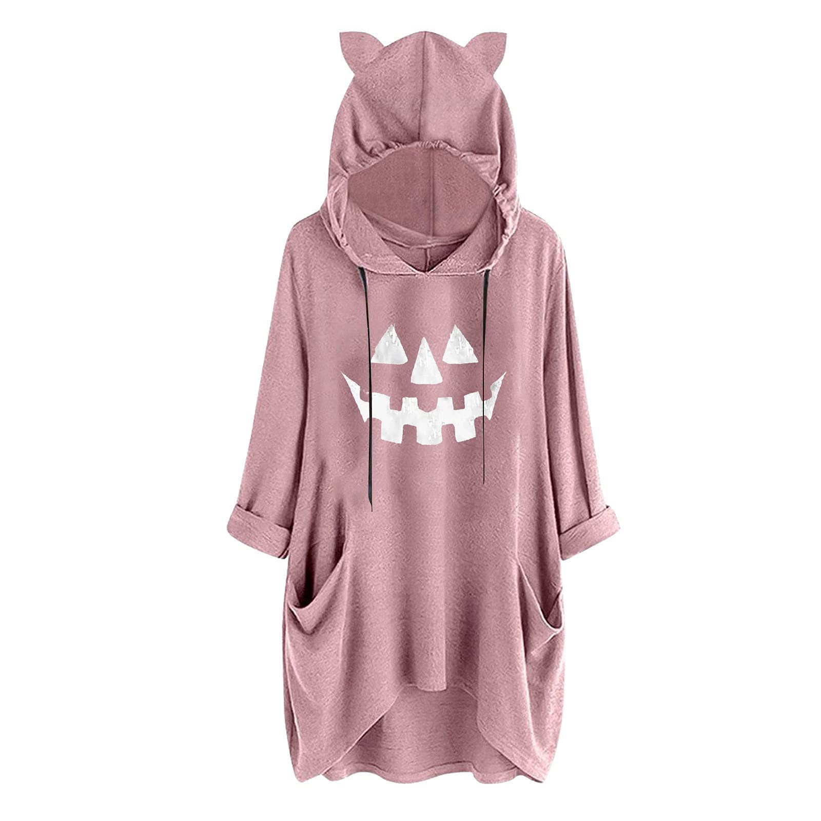 Extra Long Fit Hoody Pumpkin T Shirts Womens Halloween Comfortable Long-Sleeved Sweatshirts Outdoor Pockets
